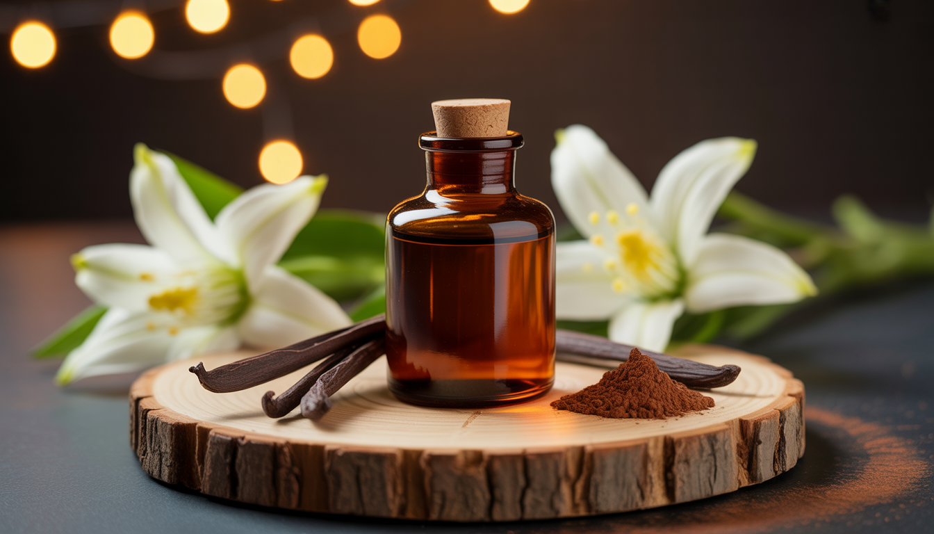 Flacon de parfum en verre ambré entouré de gousses de vanille entières et ouvertes, posé sur un marbre veiné foncé.