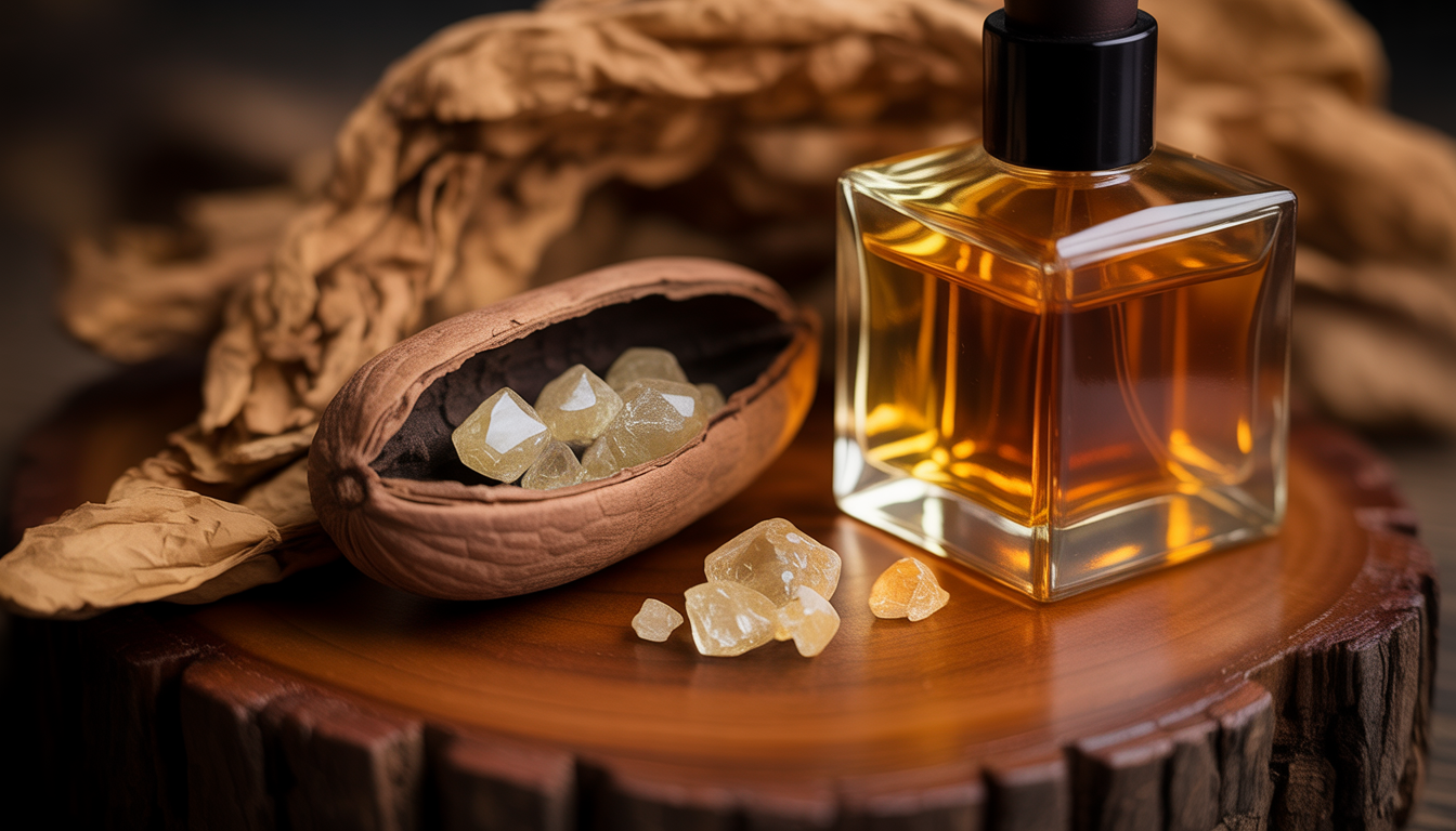 Flacon de parfum en verre fumé doré posé sur du bois texturé avec une fève tonka fendue, éclairé par une lumière chaude et tamisée.