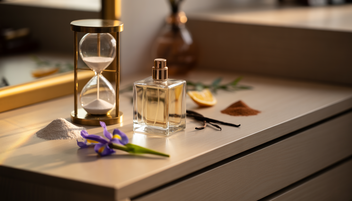 Flacon de parfum en verre taillé posé sur une coiffeuse en bois laqué, entouré de fleurs, d'agrumes et d'épices.
