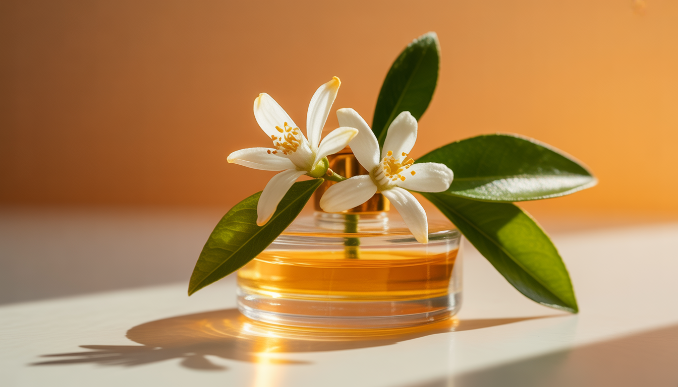 Flacon de parfum en verre transparent posé sur un tissu ivoire soyeux, avec fleurs d’oranger et feuilles de néroli floutées en arrière-plan.