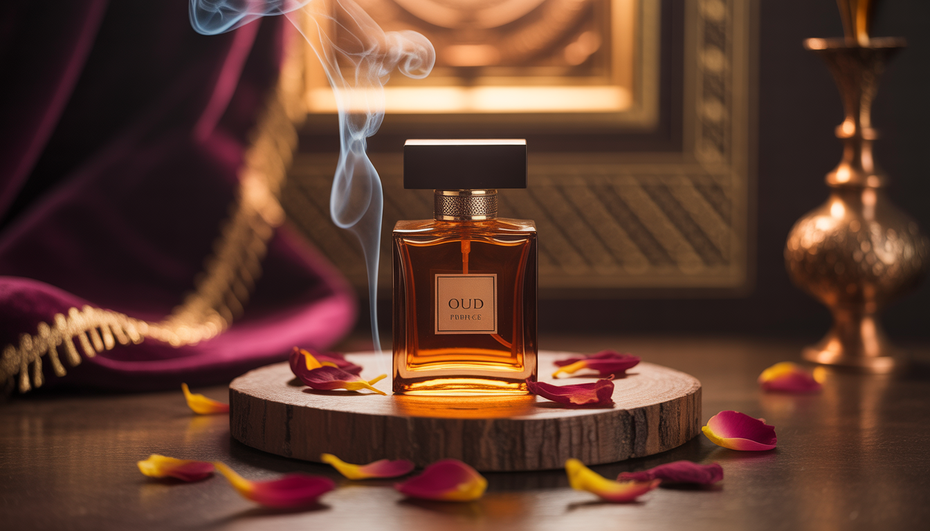 Flacon en verre ambré posé sur du bois poli, entouré de pétales de rose safranée et de volutes de résines orientales.