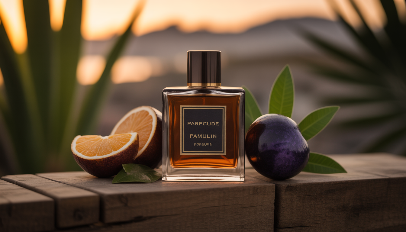 Cinq flacons de parfum artisanaux disposés en éventail sur une table en marbre sombre, entourés d’ingrédients naturels.