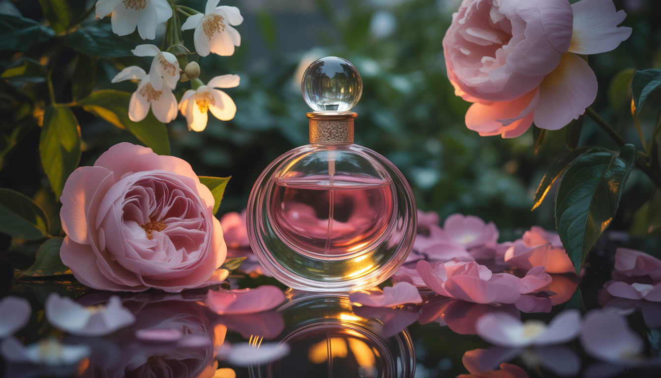 Flacon de parfum transparent au liquide ambré posé sur du bois flotté, entouré de roses pâles, lavande, fleurs de cerisier et eucalyptus.