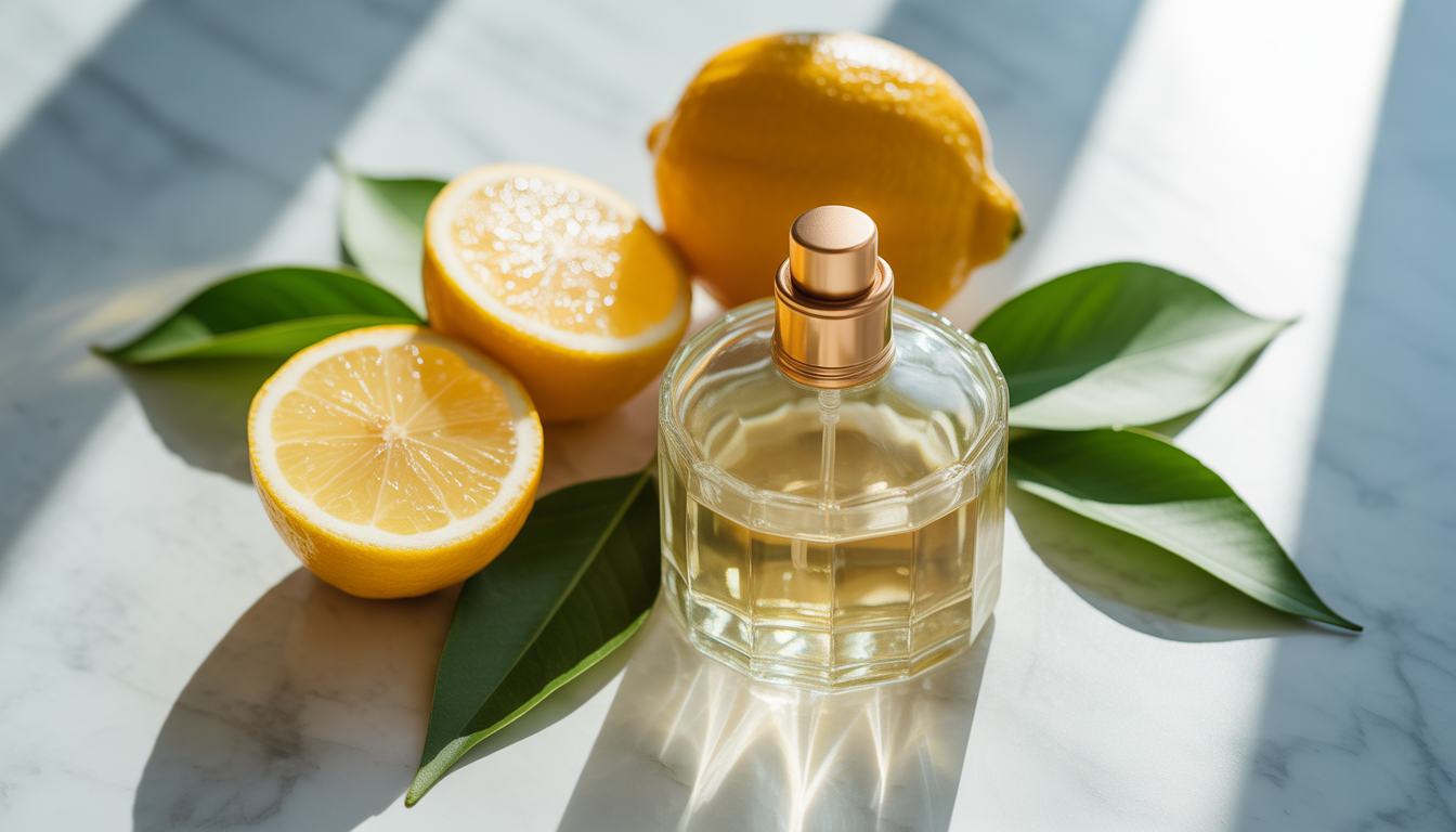 Flacon de parfum aux reflets dorés posé sur du marbre blanc, entouré de tranches de citron frais et de feuilles de bergamote.