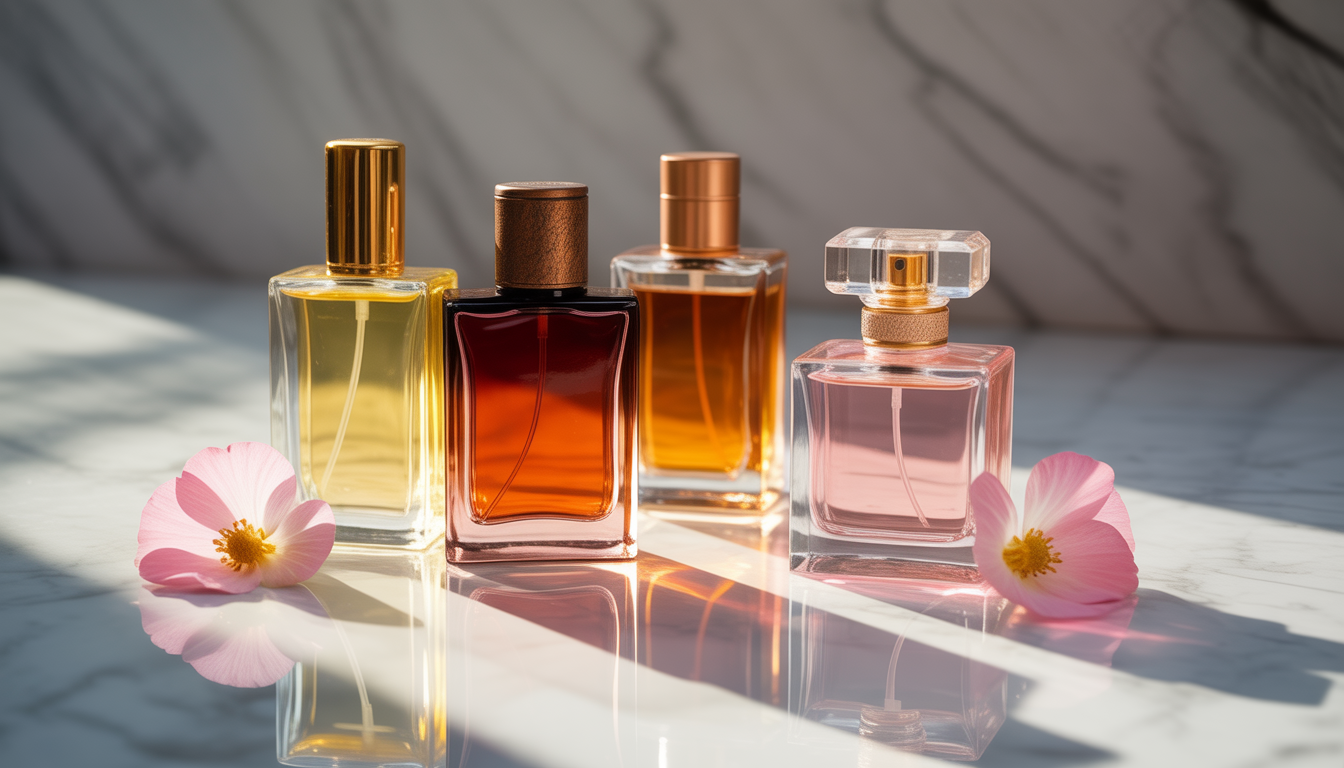 Quatre flacons de parfum en verre doré, ambré, cuivré et rose opalescent posés sur du marbre clair avec des pétales de fleurs.