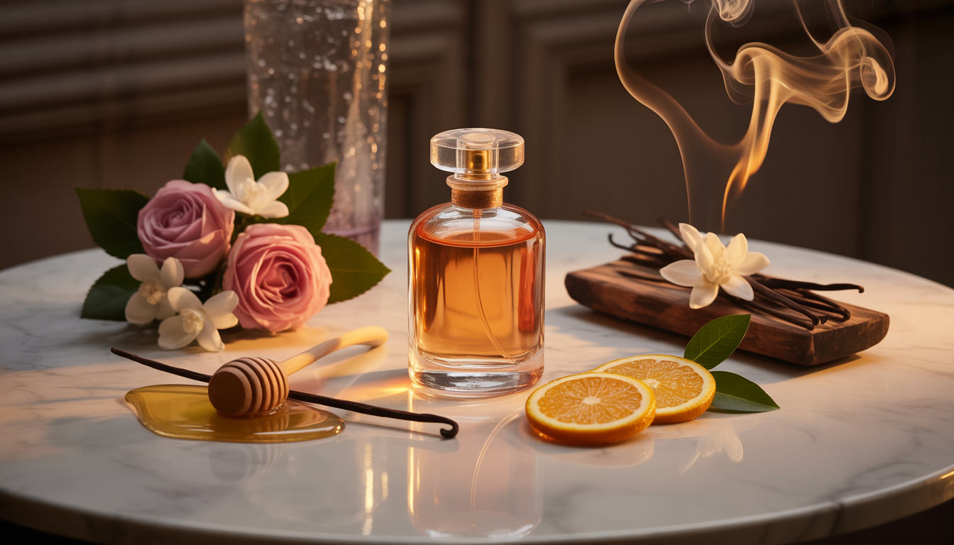 Flacons de parfum en verre irisé posés sur du marbre noir poli, entourés de pétales de rose, zestes d’agrumes et bois de santal.