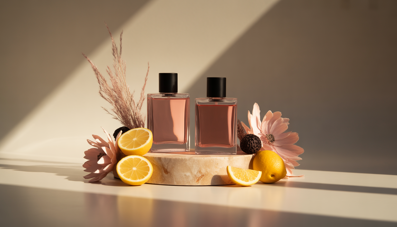 Flacons de parfum disposés en arc sur un marbre blanc veiné, éclairés par une lumière douce du matin.