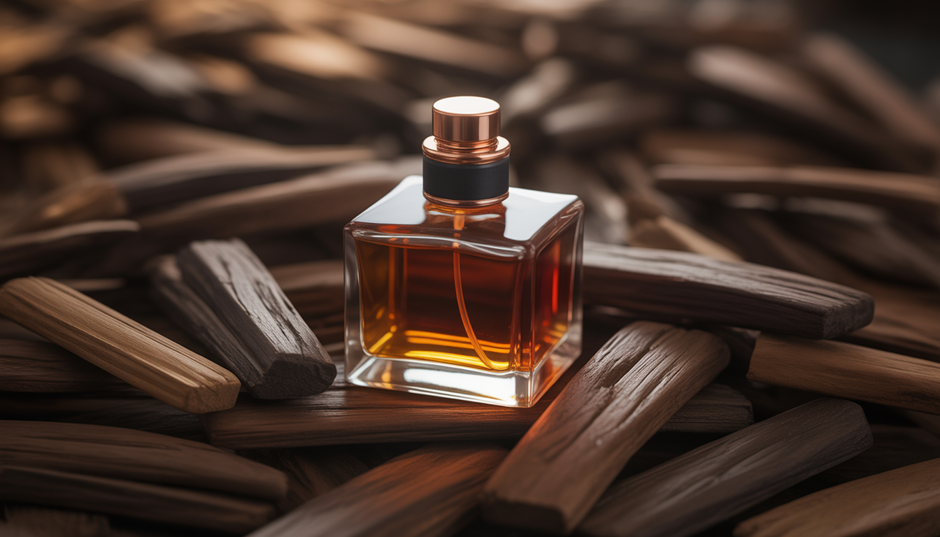 Flacon de parfum en verre ambre foncé aux arêtes facettées, posé sur un plateau en bois d’agar entouré de pétales de rose et d’épices.