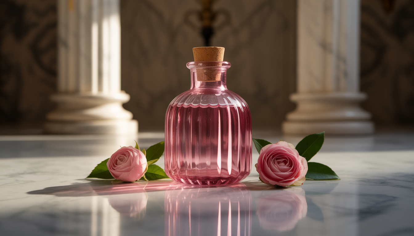 Flacon de parfum en verre irisé posé sur un autel de marbre veiné, entouré de pétales fanés et de volutes de fumée dorée.