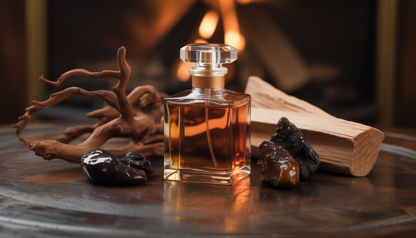 Flacon de parfum en bois ambré et cuivré posé sur la neige, entouré de branches de cèdre et de santal sous une lumière dorée.