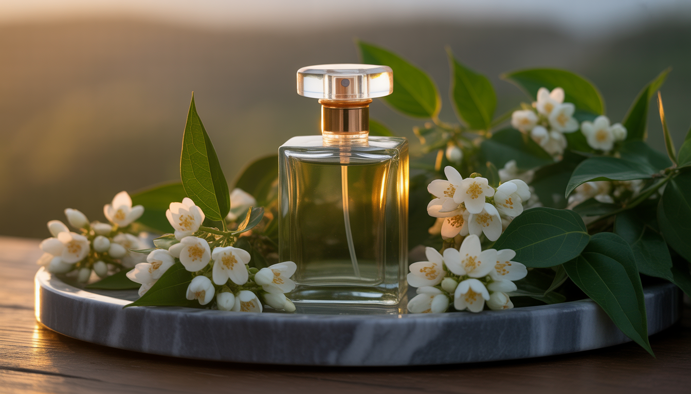 Flacon givré de parfum posé sur un tissu en soie ivoire, entouré de fleurs de jasmin fraîches et d'une branche de bois de santal, avec une lumière dorée en arrière-plan.