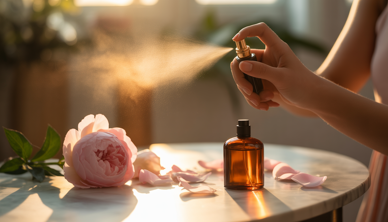Main féminine élégante vaporisant un flacon de parfum en verre ambré avec un nuage de brume visible en contre-jour doré.