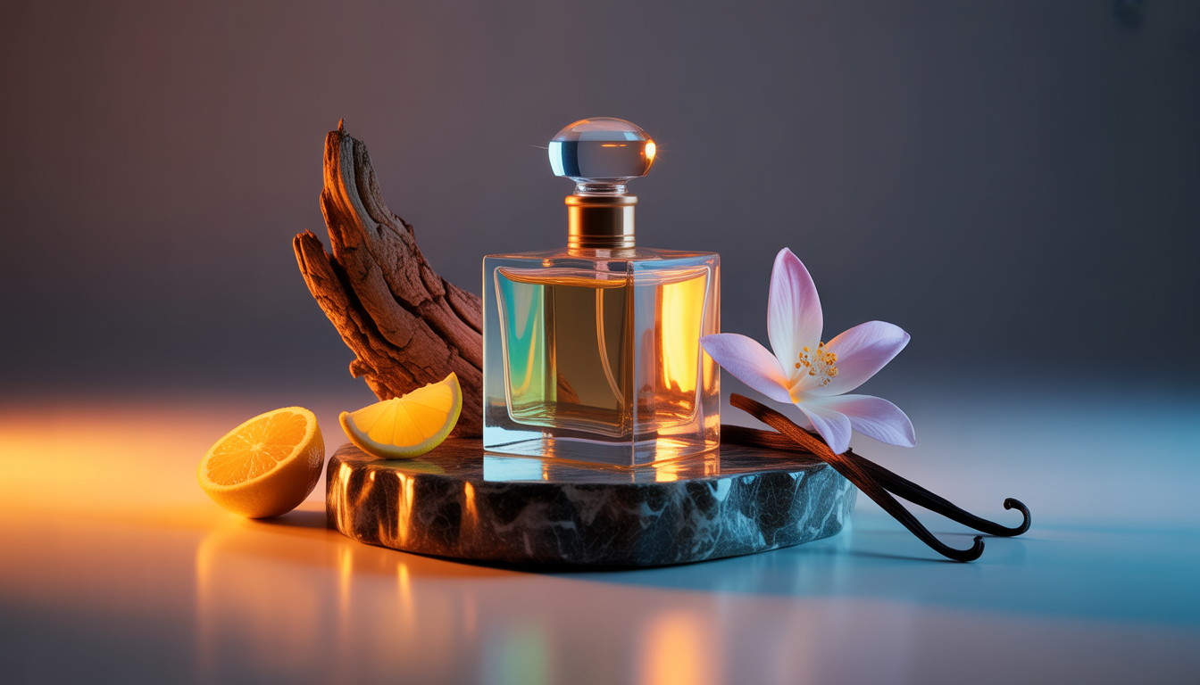 Flacon de parfum en verre translucide irisé entouré d'une rose fraîche, d'écorce torsadée, d'une tranche d'agrume et d'une gousse de vanille sur un marbre sombre.