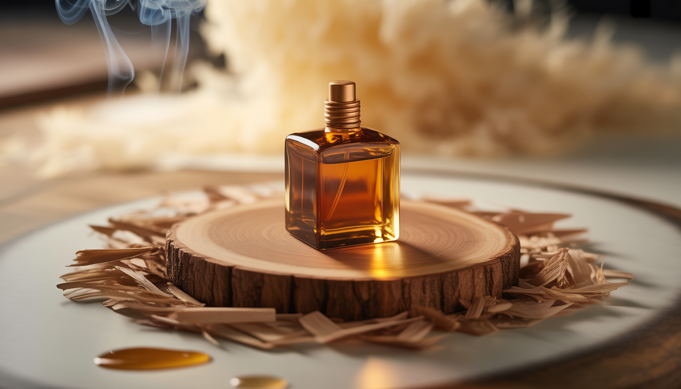 Flacon de parfum en verre ambré posé sur une surface en bois brut, entouré d'écorce de santal, de pétales d'orchidée et de gousses de cardamome.
