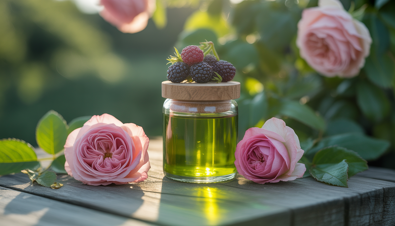 Flacon de parfum en verre translucide avec reflets verts, surmonté d’un bourgeon de cassis perlé de rosée, entouré de feuilles vertes et de pétales de rose fanés.