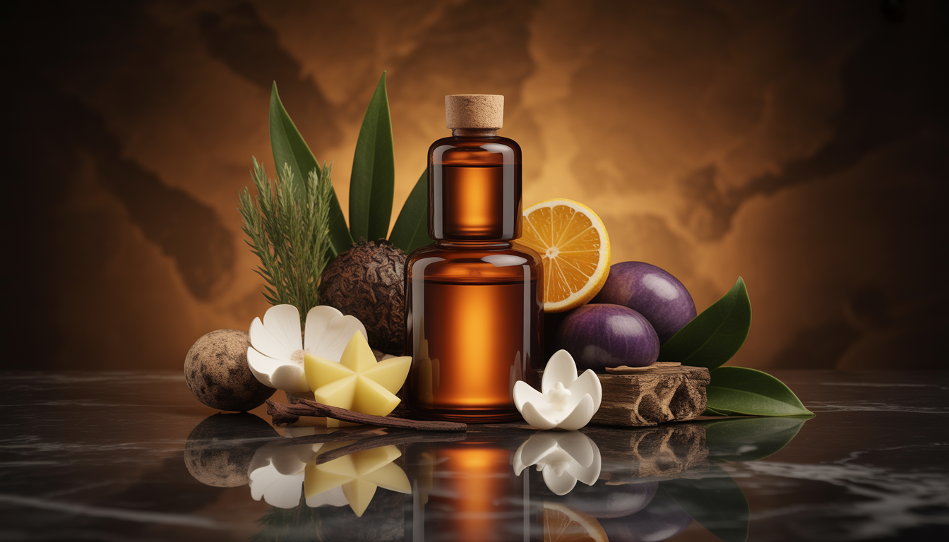 Flacon de parfum en verre facetté posé sur du marbre noir, entouré de pétales de rose, d'agrumes, de bois et d'épices.
