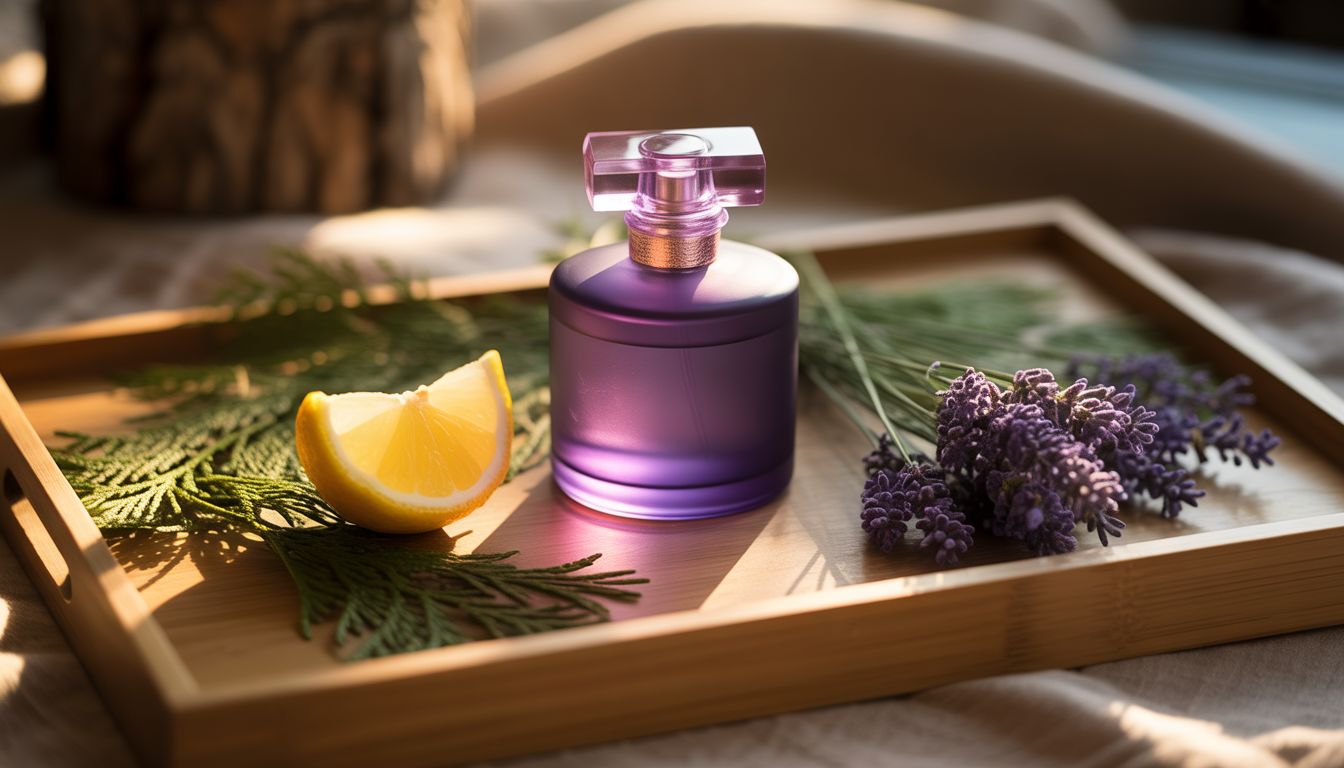 Flacon de parfum en verre posé sur un plateau en bois clair, entouré de lavande sauvage et copeaux de cèdre sous une lumière dorée.