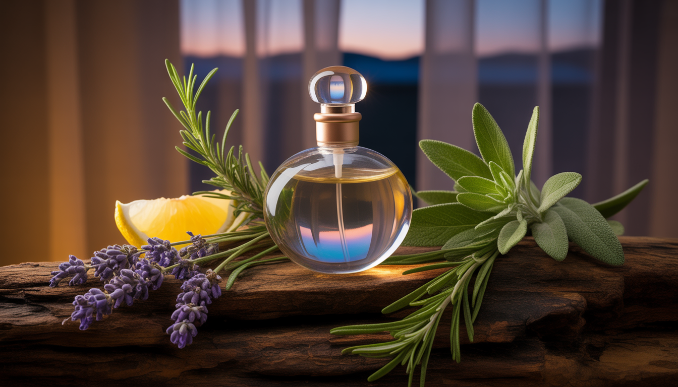 Flacon de parfum en verre aux reflets verts posé sur une table en bois vieilli, entouré de romarin, basilic et thym frais avec de la rosée.