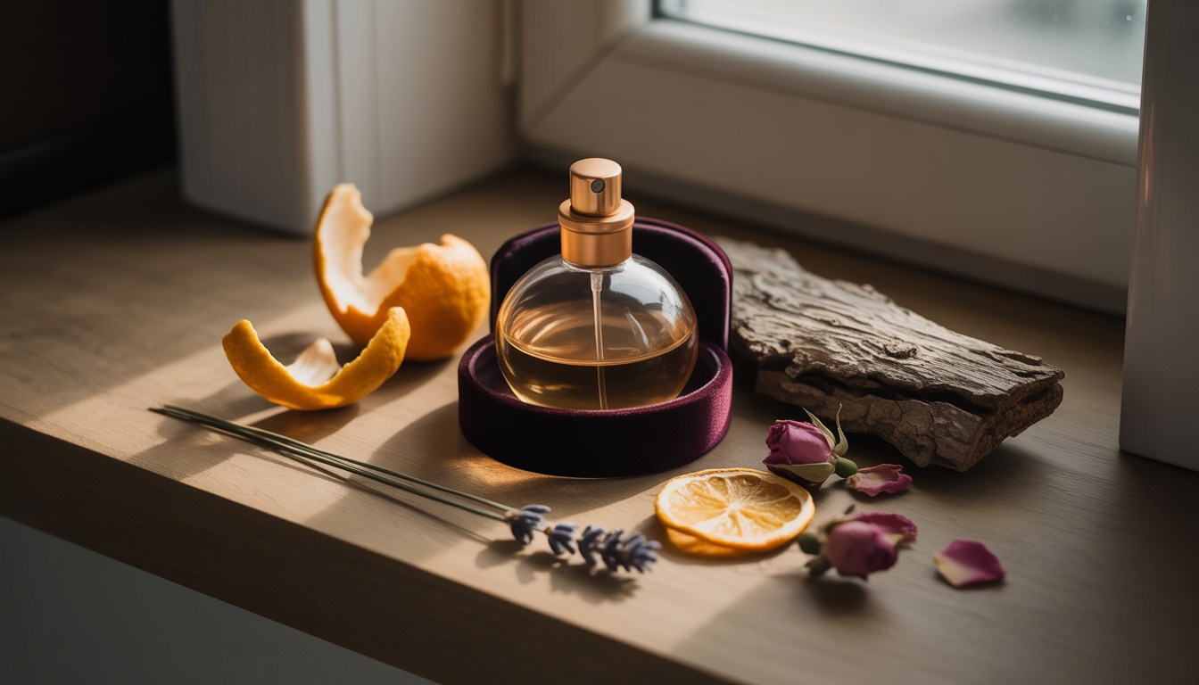 Flacon de parfum en verre ambré posé sur une étagère en bois sombre dans une pièce à l’éclairage tamisé.