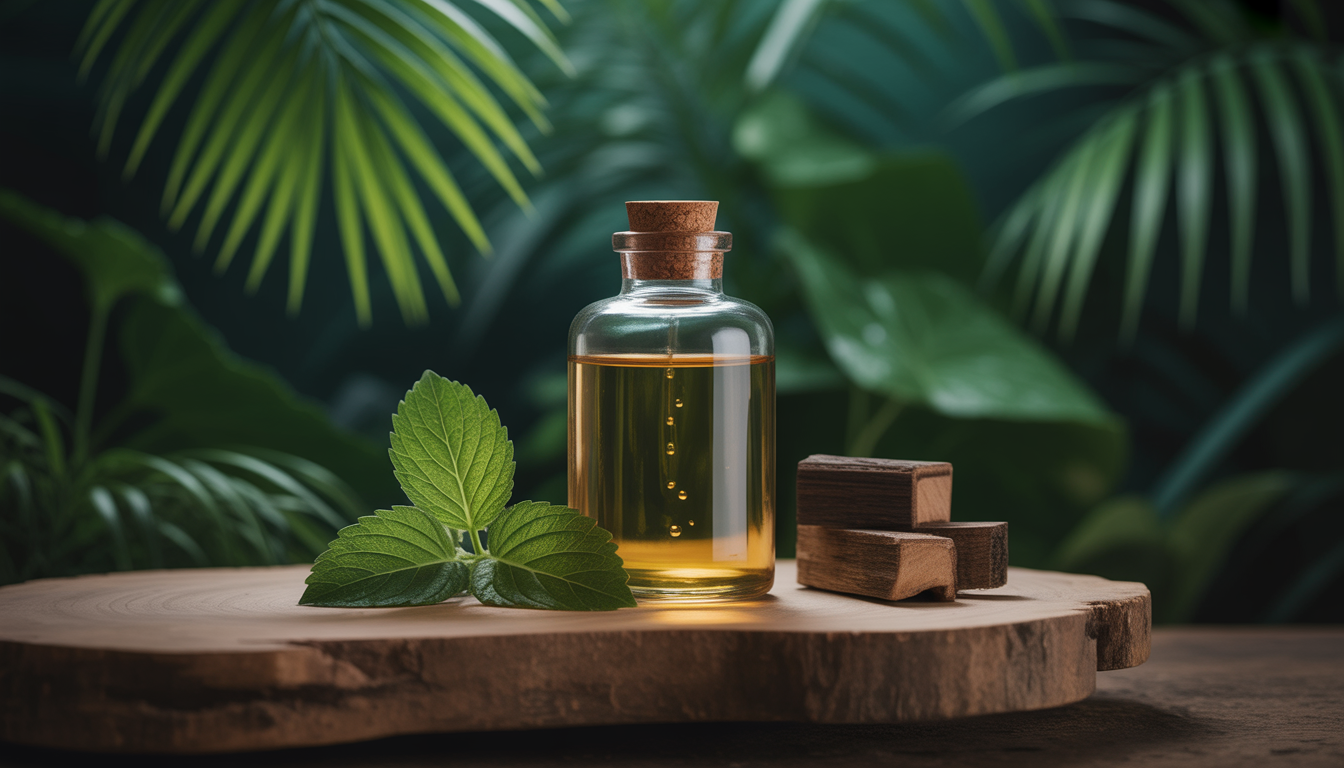 Flacon de parfum en verre fumé texturé posé sur un sol forestier, entouré de racines de vétiver, feuilles vertes et bergamote.