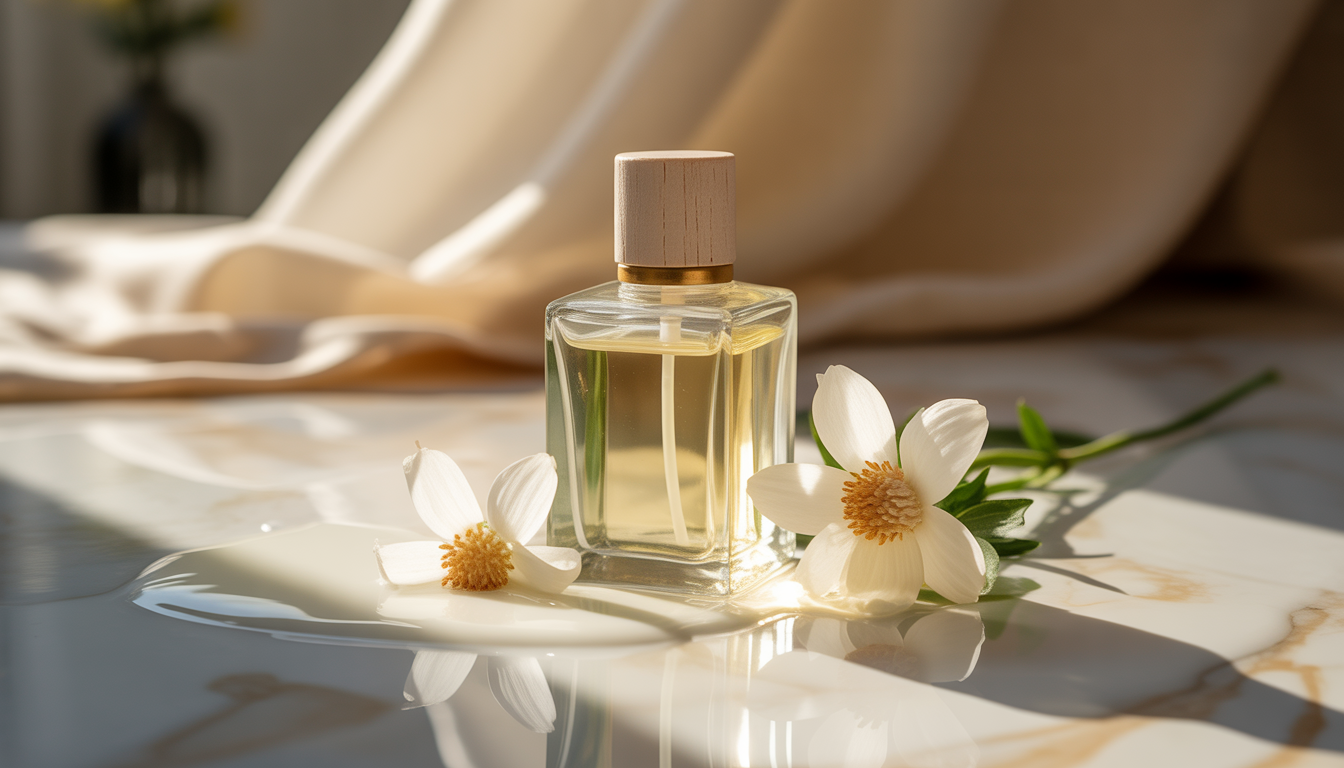 Flacon givré aux reflets nacrés posé sur du marbre crème légèrement humide, entouré de pétales blancs sous une lumière dorée.