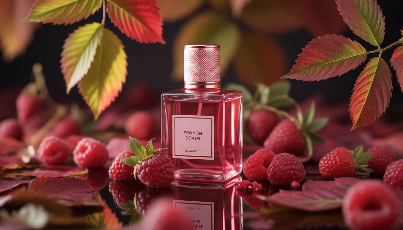 Flacon de parfum en verre rose translucide posé sur une table en bois foncé, entouré de framboises et fraises fraîches.