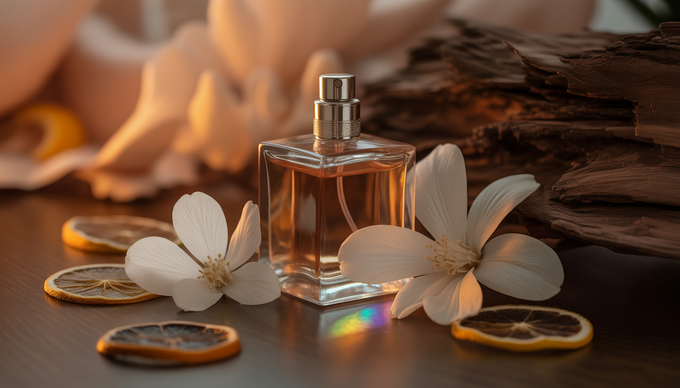 Flacon de parfum en verre irisé posé sur des pétales blancs et du bois texturé sombre, éclairé par une lumière dorée.