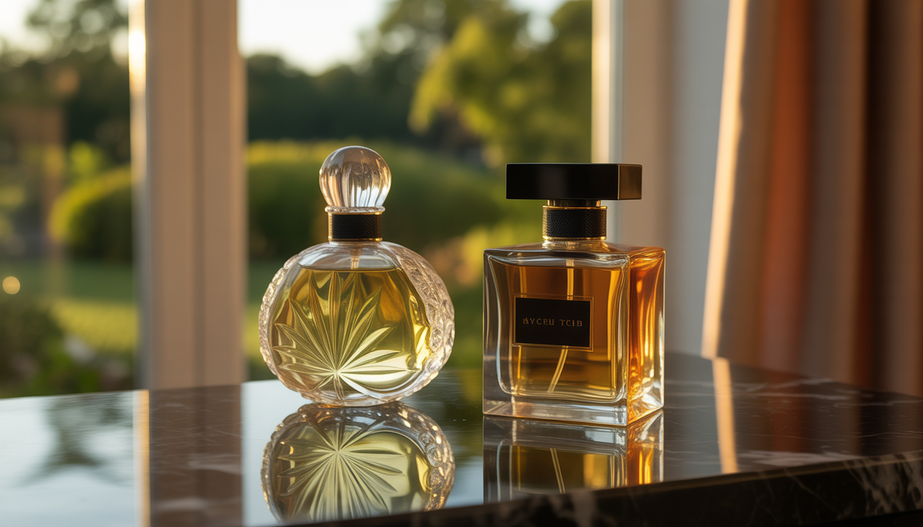 Deux flacons de parfum en verre taillé posés côte à côte sur un marbre noir poli, baignés d’une lumière tamisée du soir.