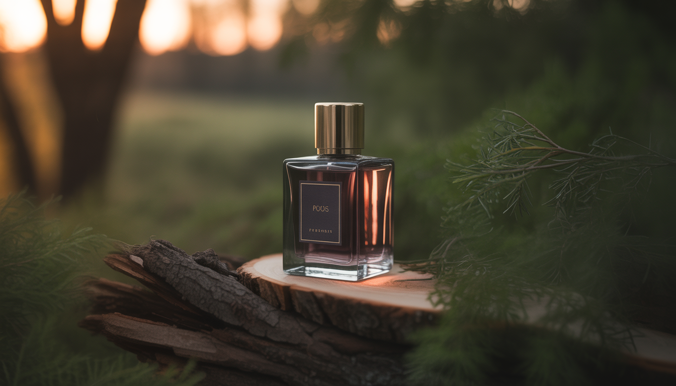 Flacon de parfum en verre foncé aux reflets métalliques posé sur une écorce veinée, entouré de branches torsadées et de feuilles sèches.