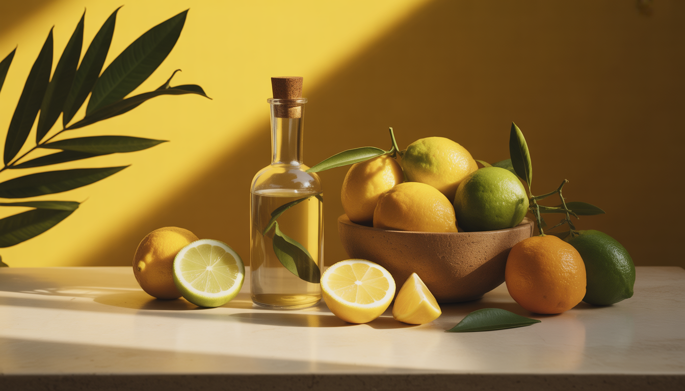 Flacon de parfum en forme d’agrume posé sur une table en pierre, entouré d’écorces de citron et d’orange, dans un jardin méditerranéen ensoleillé.
