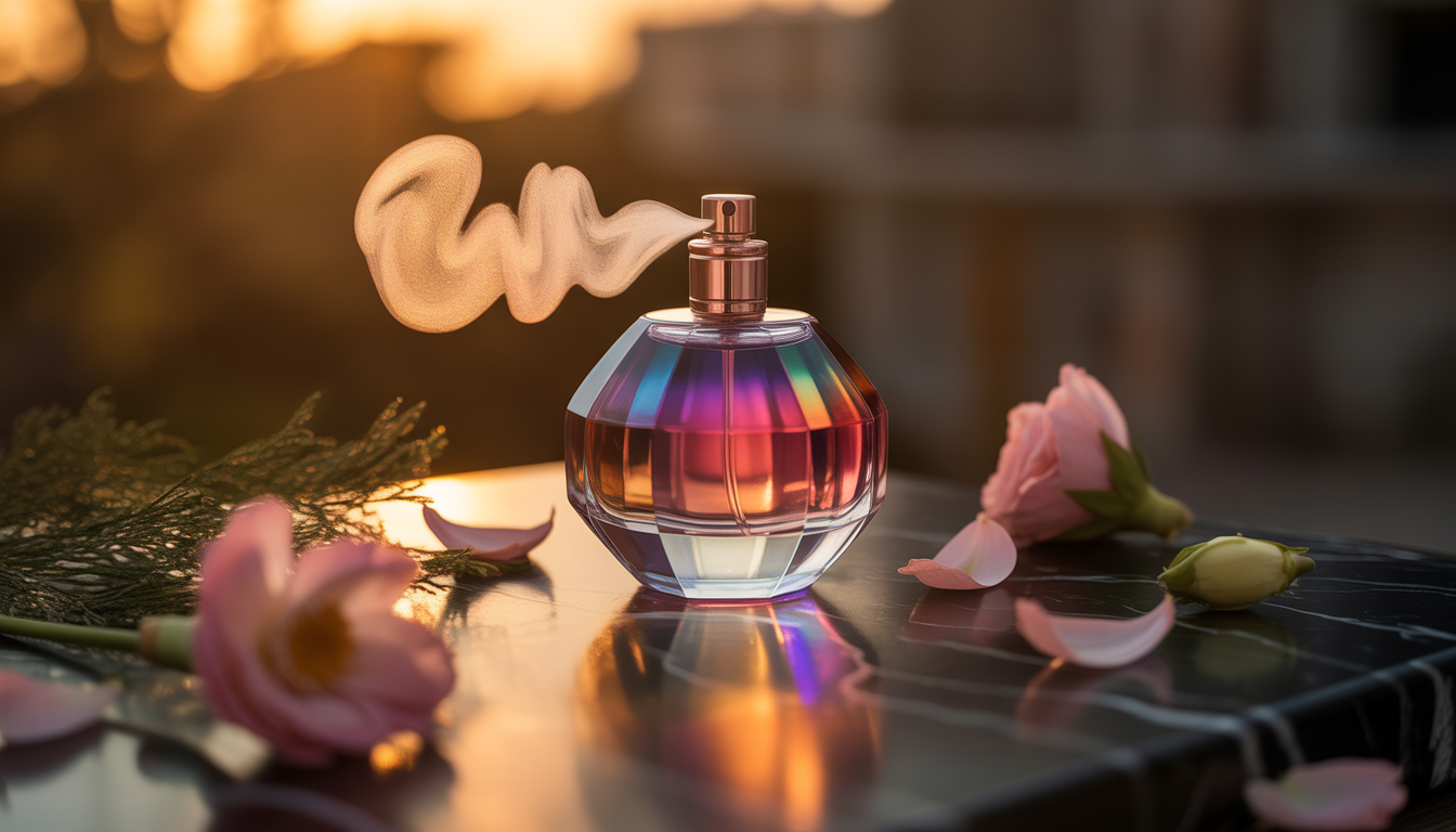 Flacon de parfum en verre transparent posé sur une surface en marbre avec un éclairage doux et une ambiance minimaliste.