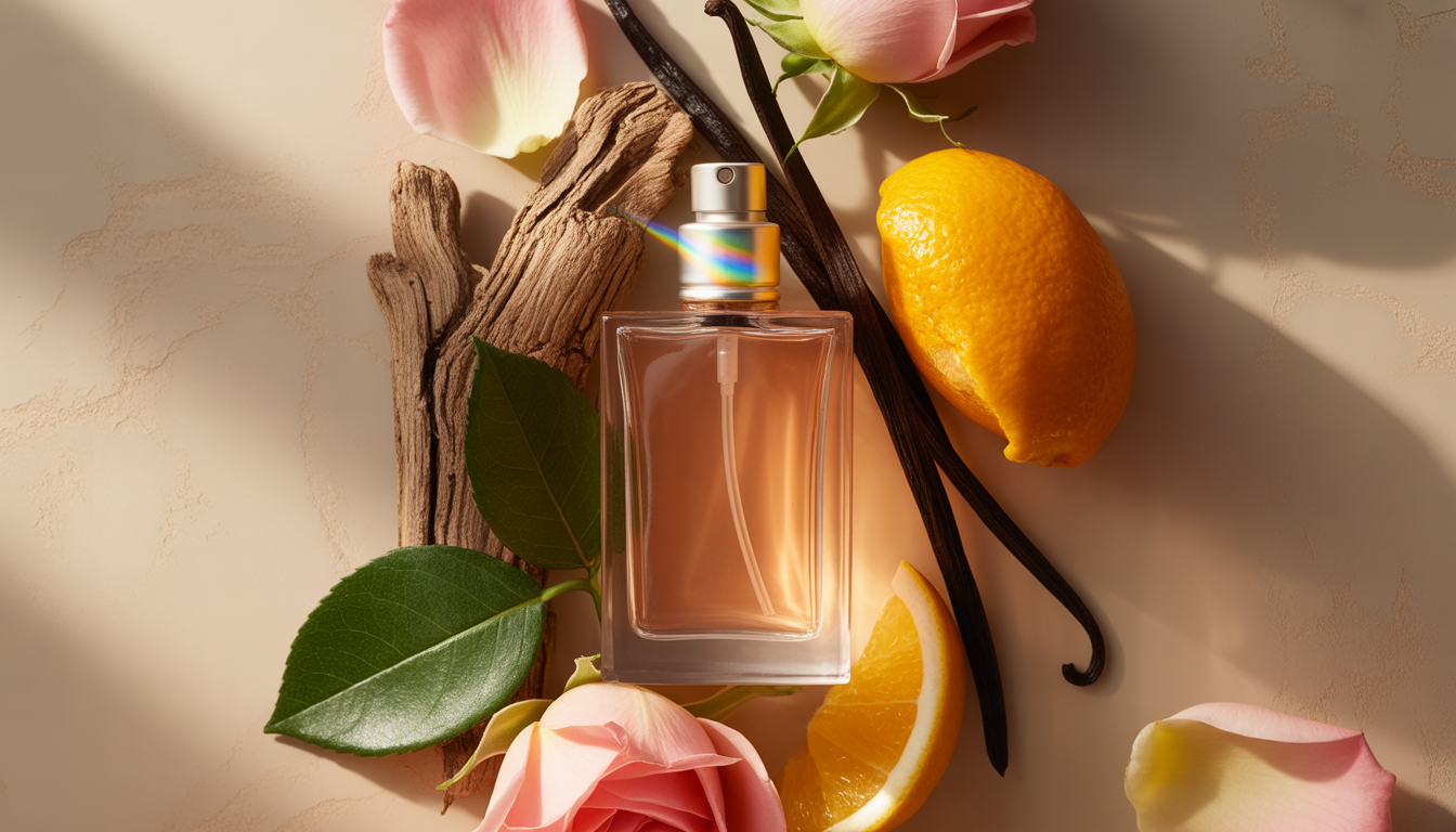 Flacon de parfum en verre translucide aux courbes fluides, posé sur un marbre beige avec pétales de rose, écorce et agrumes.