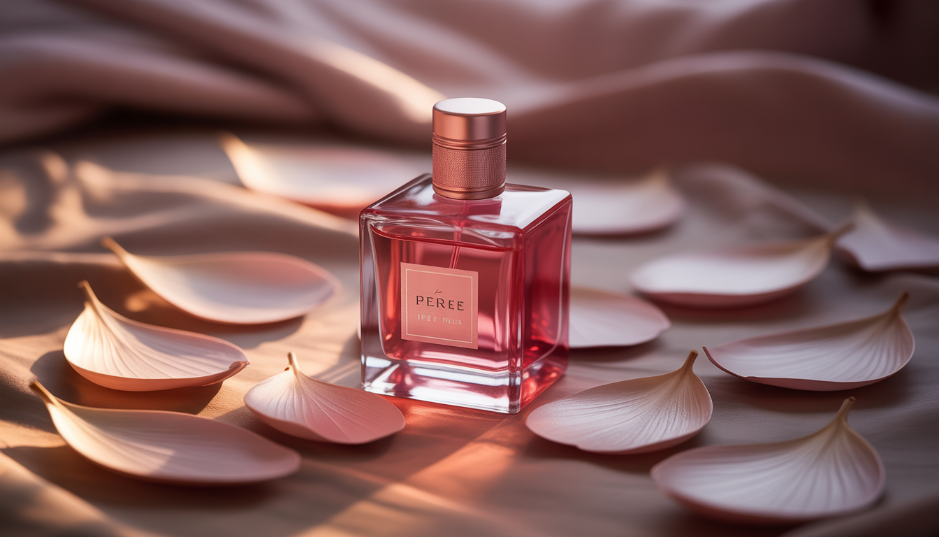 Flacon de parfum en verre rose translucide posé sur du marbre blanc veiné, entouré de pétales de rose séchés et d'un morceau de bois d'oud.