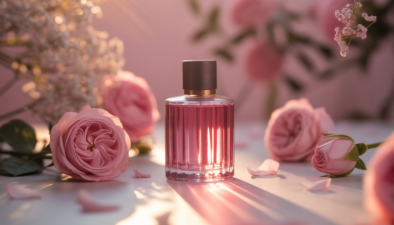 Flacon de parfum en verre irisé posé sur du marbre, entouré de roses, jasmin et pivoines dans un jardin baigné de lumière dorée.
