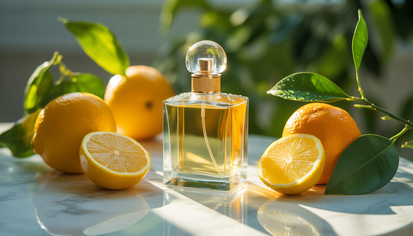 Flacon de parfum sur une terrasse méditerranéenne baignée de lumière dorée, entouré de tranches d’agrumes frais.