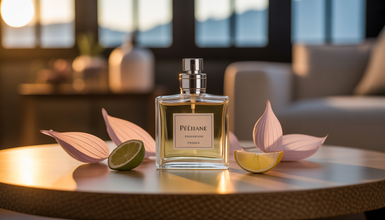 Flacon de parfum en verre irisé posé sur une table en bois texturée dans un salon minimaliste baigné de lumière dorée.