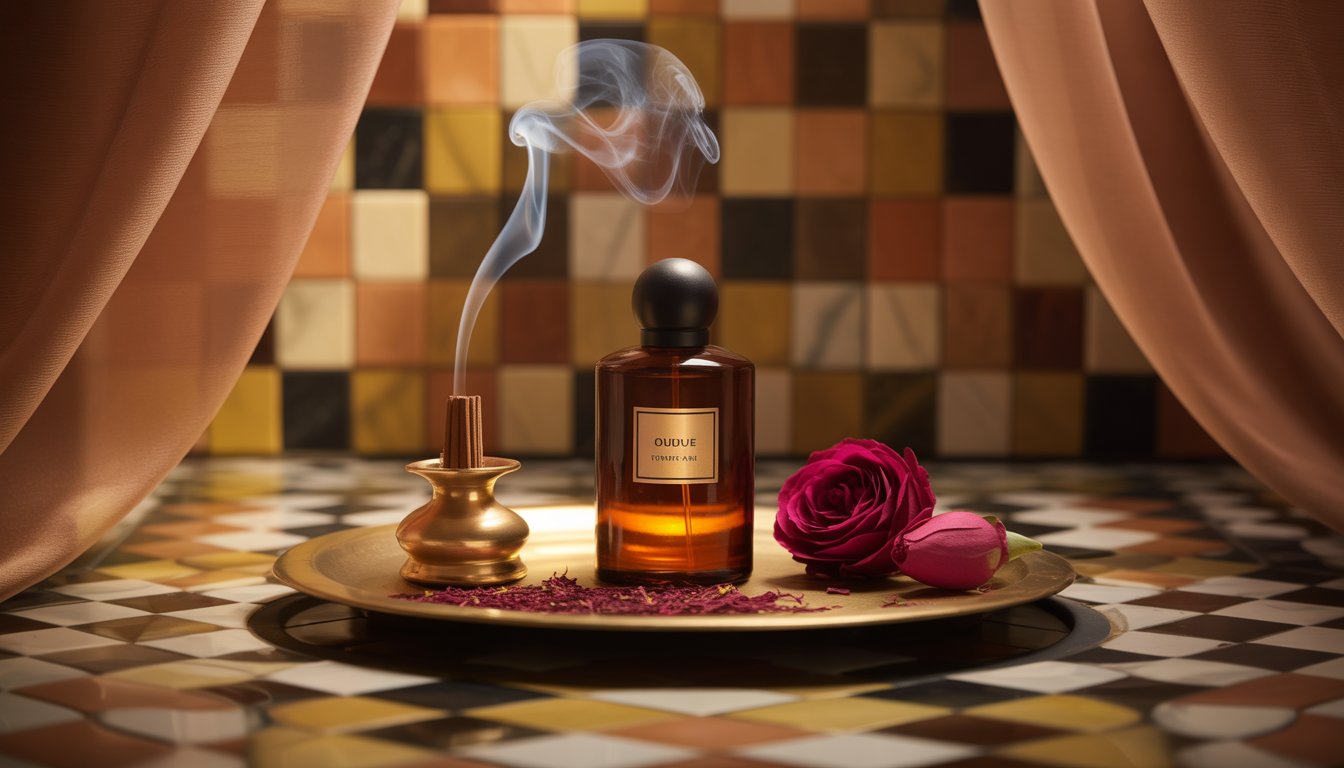 Flacon de parfum en verre sculpté aux reflets dorés posé sur un brûleur d'encens, entouré de pétales de rose et de bois d'oud.