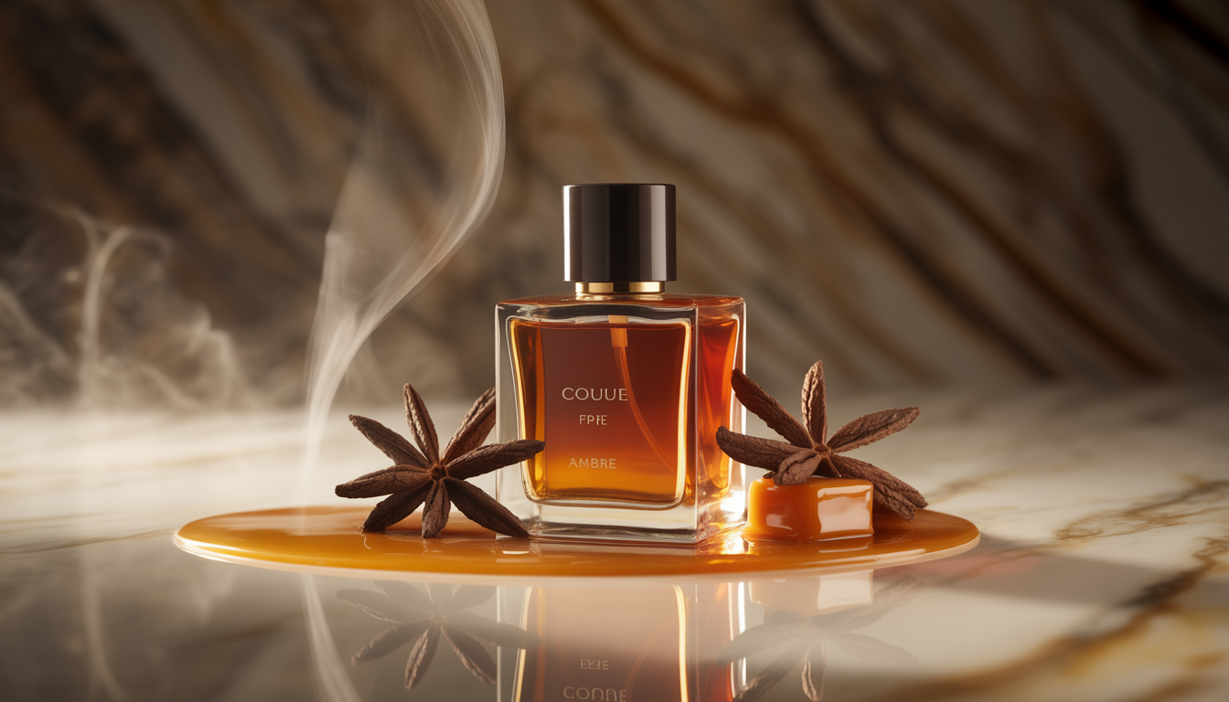 Flacon de parfum en verre transparent posé sur une surface laquée sombre avec des reflets dorés et un éclairage studio.