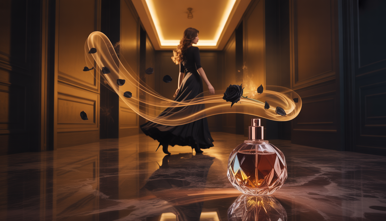Flacon de parfum en verre facetté posé sur un plateau en marbre avec pétales fanés et écorce torsadée, éclairage doré.