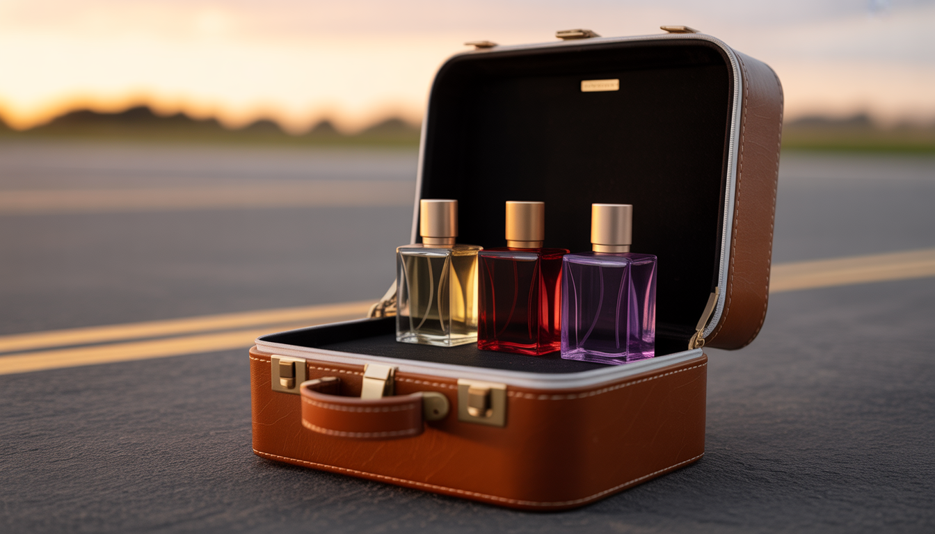 Valise en cuir ouverte sur un tarmac au coucher du soleil, contenant des flacons de parfum en verre sculpté et métal poli.
