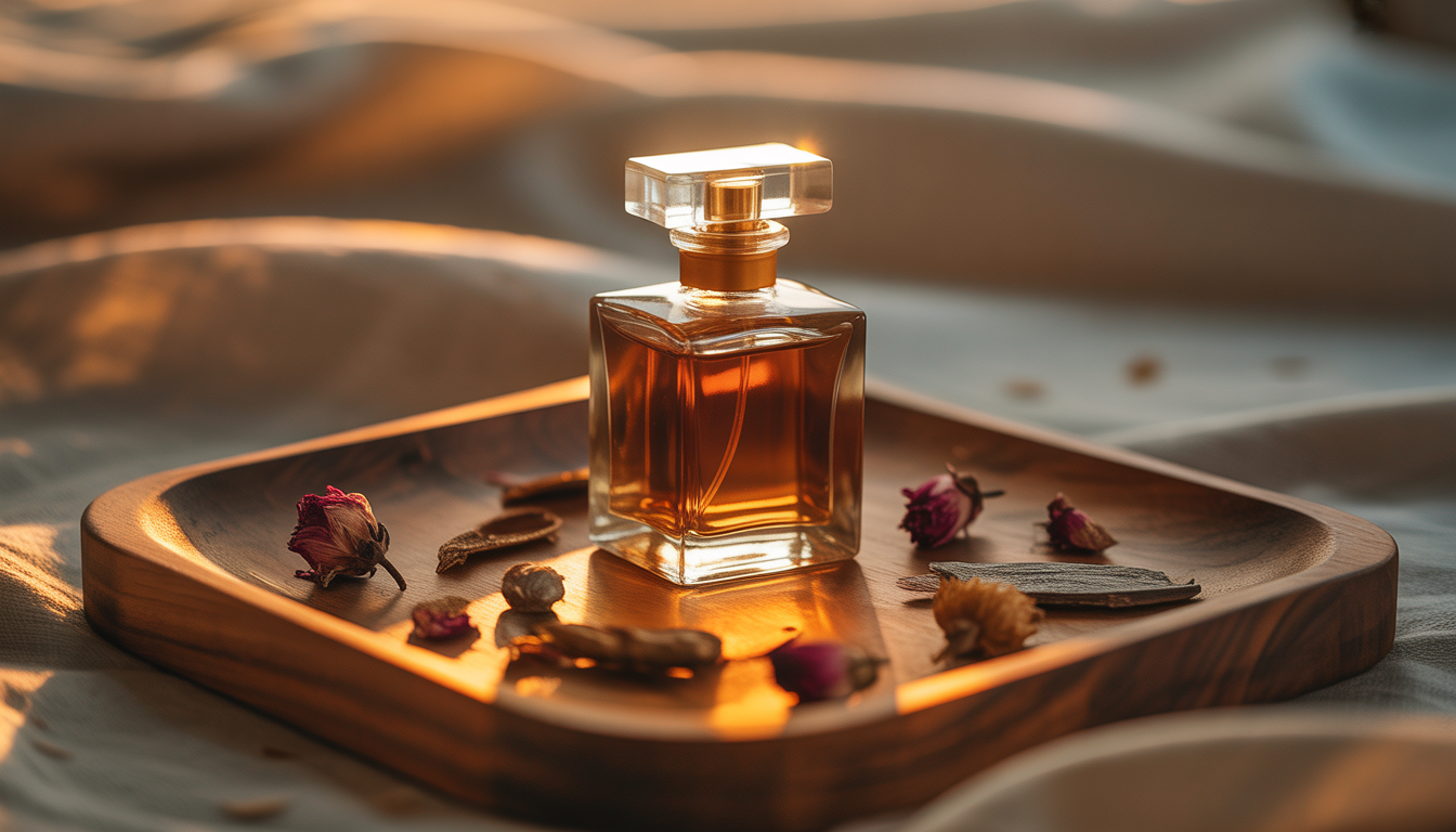 Flacon de parfum en verre ambré posé sur un plateau en bois, entouré de pétales séchés et de résines naturelles sous une lumière dorée.