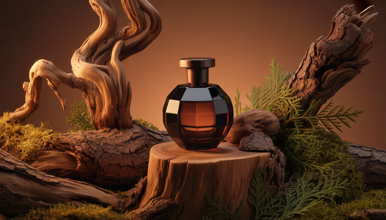 Flacon de parfum en verre facetté posé sur une table en cèdre et santal, entouré de branches sèches et de fleurs orientales fanées.