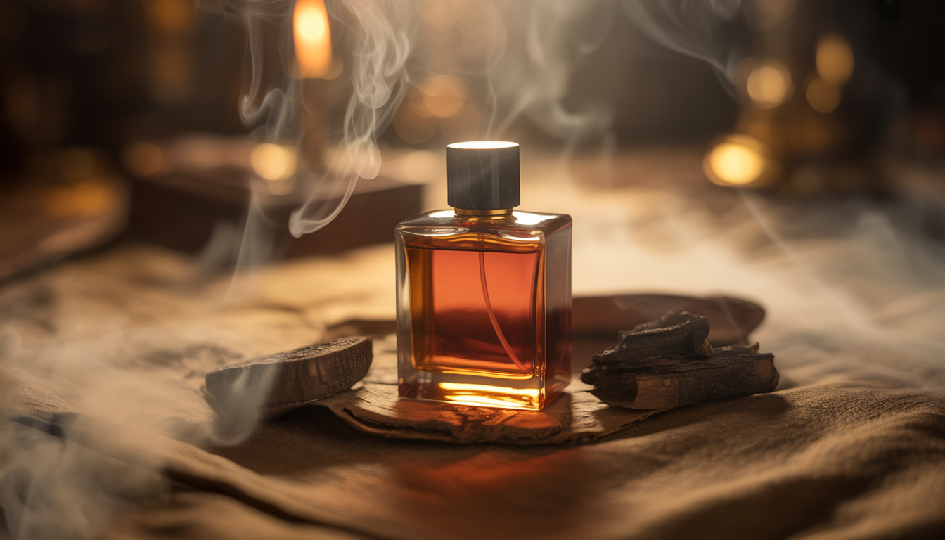 Flacon de parfum en verre transparent posé sur un fond sombre avec un éclairage subtil et des reflets élégants.