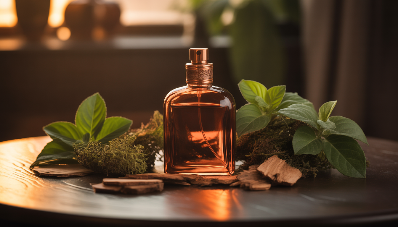 Flacon de parfum en verre ambré avec bouchon bronze sur une table en bois massif, entouré de feuilles de patchouli et de cacao brut.