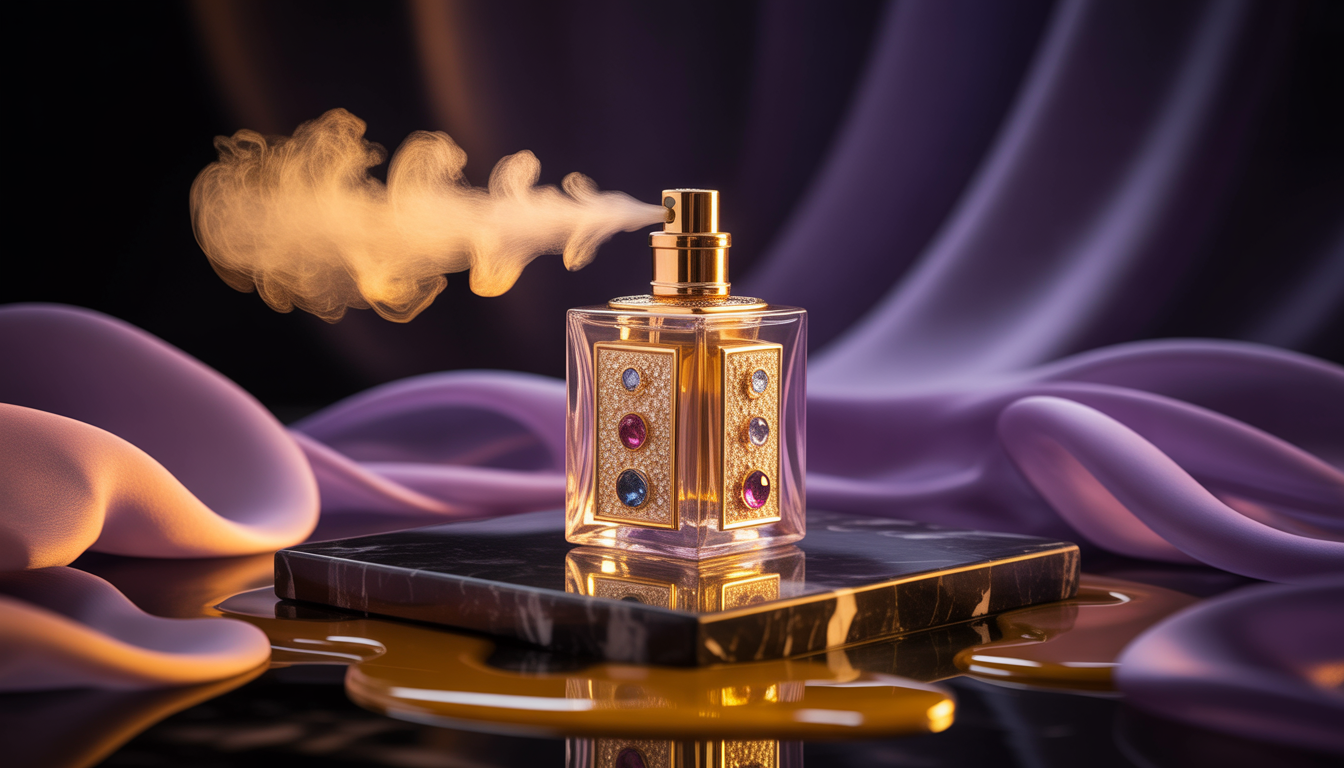 Flacon de parfum en cristal orné d'or et de diamants, posé dans un écrin de velours noir sous une lumière dorée.